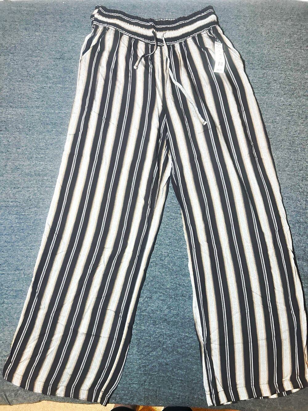 SO Women's Striped Drawstring Elastic Waist Pants, L, Black striped